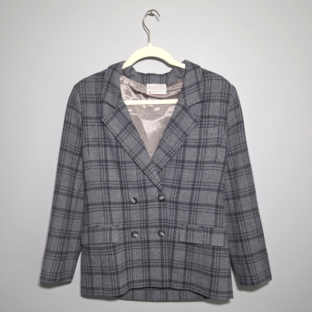 Pendleton Blazer Womens Petite Grey Plaid Wool Double Breasted Vintage USA Made